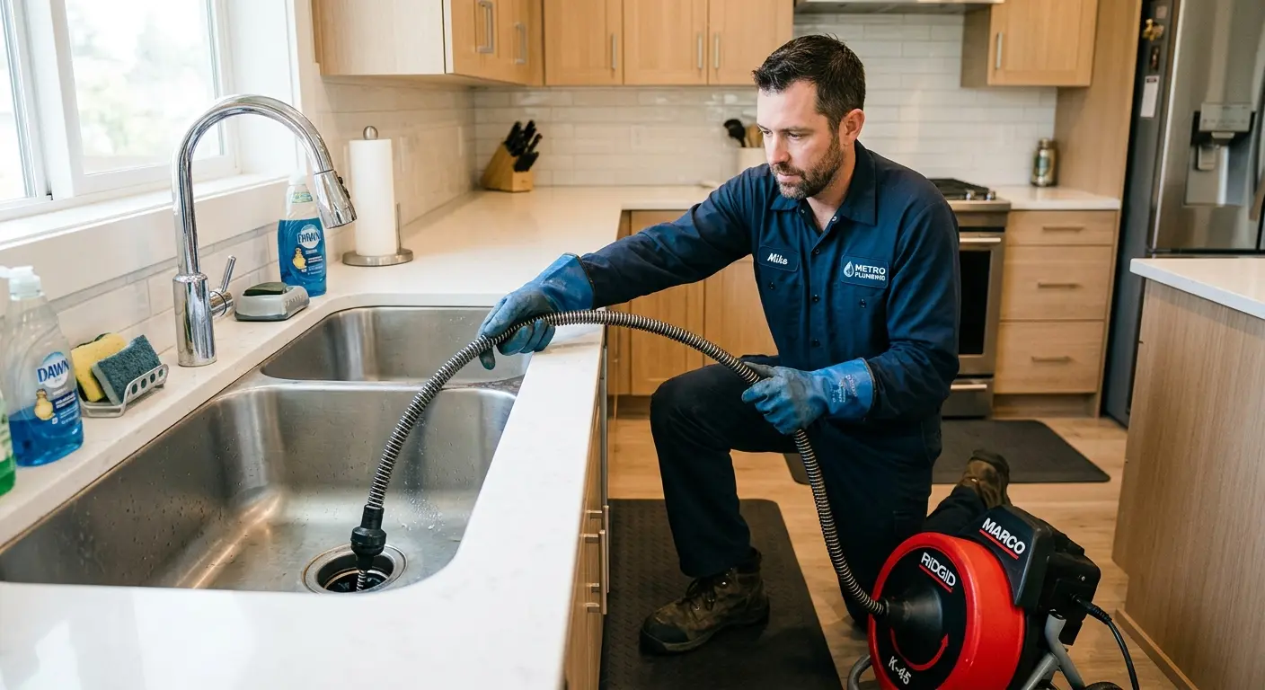 Drain cleaning technician using a motorized snake on a kitchen sink in St. Marys