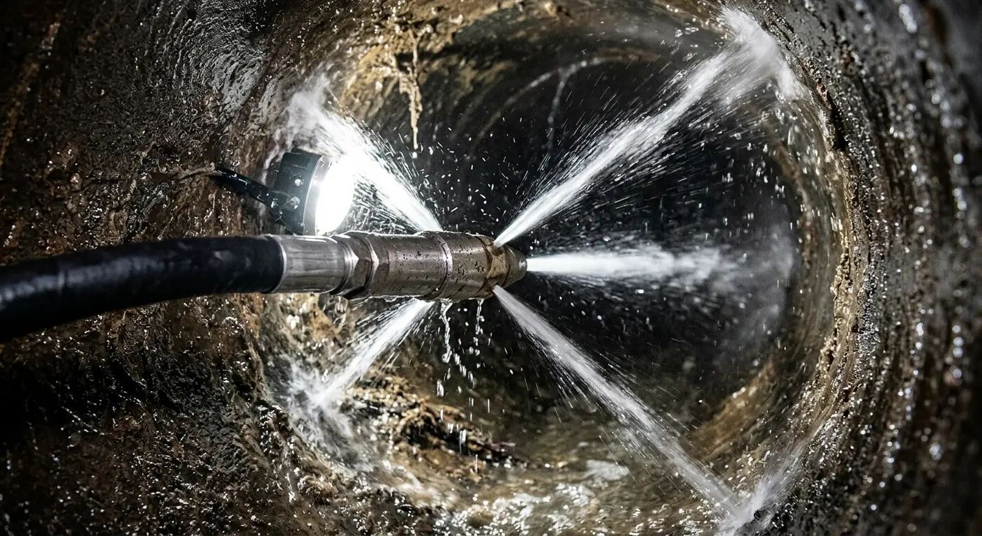 High-pressure hydro jetting nozzle cleaning sewer pipe for Sewer Cleanout in St. Marys