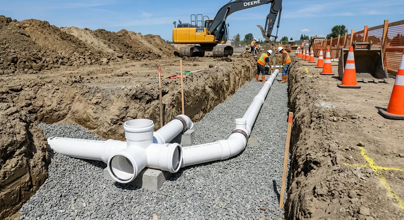 New PVC sewer pipe installation in open trench for Sewer Backup in St. Marys